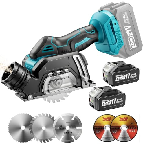 YEARTOP Ø 76mm Mini Scie Circulaire Sans Fil avec 2x 4000mAh Batteries | Mini Meuleuse d'angle (19500 TR/MIN), Profondeur Réglable 5-20mm, Embout d'Aspiration, 5 Lames (Bois/Métal/Carrelage)