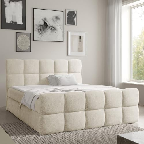 Home Collective Boxspringbett Polsterbett Doppelbett Bubble Bett mit Stauraum viele Größen und Farben | Topper inklusive | modernes Design Schlafzimmer Jugendzimmer Möbel | Creme 200x200 cm