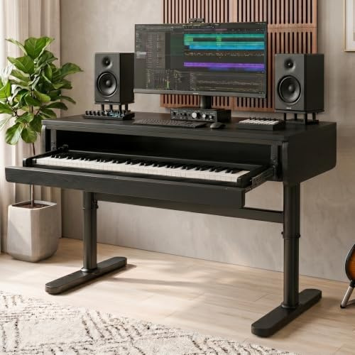 Fakednss Scrivania per Pianoforte Regolabile, 143×60 cm, Nero, con Vassoio | Altezza 69–107 cm, vassoio estraibile a 4 livelli e telaio rinforzato per un setup stabile, ordinato e versatile.