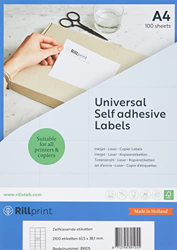 Rillprint Vielzweck Etiketten Selbstklebend - 2100 Stück – 63.5 x 38.1 mm - 21 Klebeetiketten pro A4-Blatt - Bedruckbar & Abziehbar - Universal Adressaufkleber - 100 Blatt, Weiß