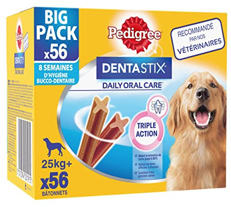 PEDIGREE DENTASTIX 56 Bâtonnets à Mâcher pour Grand Chiens 25kg+, 8 Sachets de 7, Saveur Poulet et Bœuf, Détartrage Dentaire Chien, Soins Dentaires pour Chien