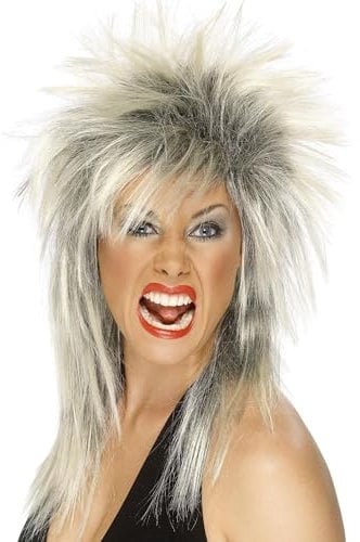 Smiffys Rock-Diva Perücke, Zweifarbig, Blond & Schwarz, Lange Vokuhila-Frisur