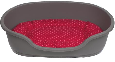 adena Hundekorb 81 x 54 cm Taupe + Kissen Tupfen rot