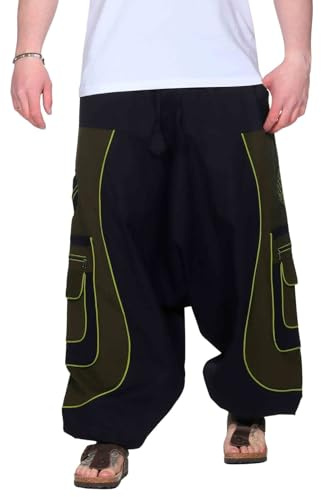 Kunst und Magie Flower of Life Hippie Haremshose Goahose Cargohose, Größe:S/M, Farbe:Schwarz/Army Green