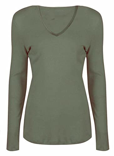 WearAll New Ladies V Neck Stretch Womens Long Sleeve Top Khaki 12/14