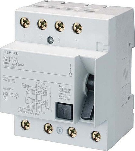 Siemens 5SM3346 – 4 interruttore differenziale, poli, tipo B, breve tempo ritardato, in: 63 A, 30 mA, un AC: 400 V, bianco