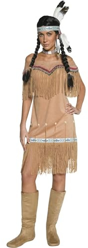 Smiffys DeluxeNative American Inspired Lady Costume, Beige with Dress and Fringing, Cowboys and Indians Fancy Dress, Adult Dress Up Costumes
