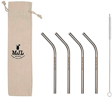 Lot de 4 pailles courtes, fines et courbées en acier inoxydable pour verres à cocktail, pour enfants, petites tasses ou bocaux Mason Jar de demi-pinte + brosse de nettoyage + sac en tissu
