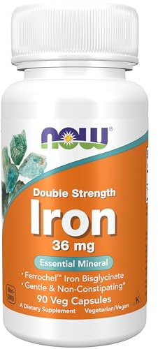 NOW Supplements, Iron 36 mg, Double Strength, Non-Constipating*, Essential Mineral, 90 Veg Capsules