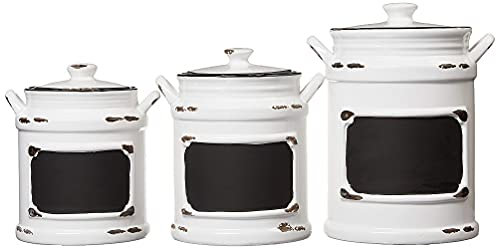 American Atelier Vintage Canister Set 3-Piece Ceramic Jars Chic Design With Lids for Cookies, Candy, Coffee, Flour, Sugar, Rice, Pasta, Cereal & More, 21x8x11, White with Black Distressing
