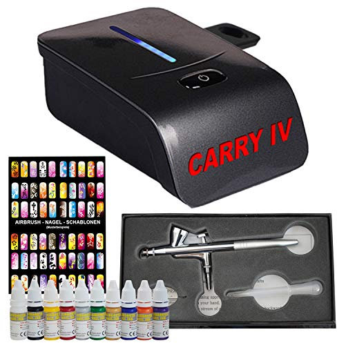 Set aerografo per unghie Aerografo per nail art Aerografo decorazione unghie con Penna a spruzzo + Set di 10 colori per aerografo + Stencil per nail art (6x13) + Compressore carry IV Nero