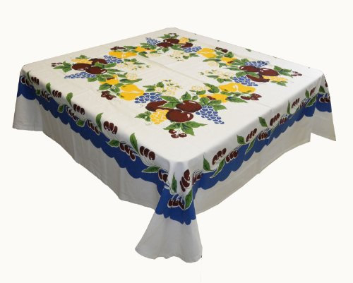 Vintage Kirschen Tischdecke, Baumwolle mit Bordüre blau