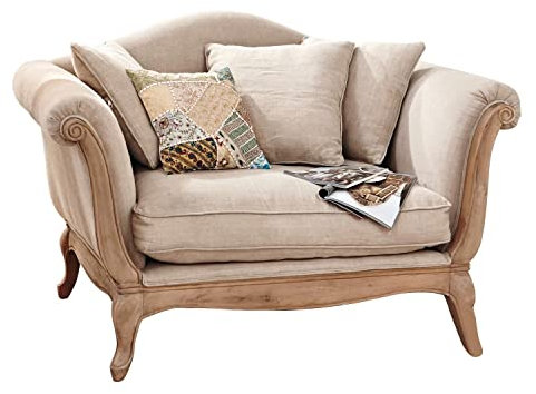 Loberon Sessel Sumerset, XXL-Größe, edler Bezug, aufwendige Schnitzereien, Bequeme Polsterung, Sitzmöbel, Mangoholz, Leinen, leinen/antikbraun