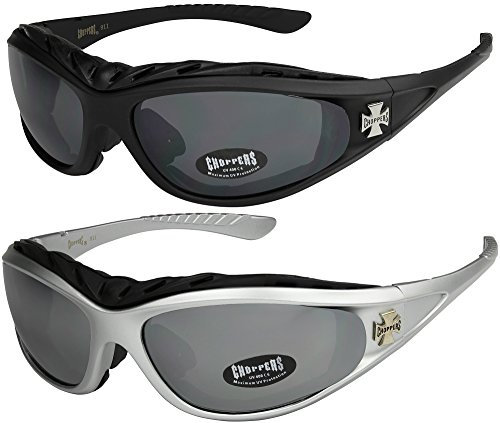 2er Pack Choppers 911 Sonnenbrillen Motorradbrille Sportbrille Radbrille - 1x Modell 01 (schwarz/schwarz getönt) und 1x Modell 06 (silber/schwarz getönt und silber verspiegelt) - Modell 01 + 06 -