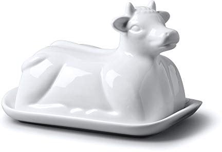 WM Bartleet & Sons 1750 Beurrier Traditionnel en Porcelaine 19 cm avec Couvercle Motif Vache - Blanc