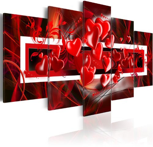 B&D XXL - Tableau décoratif moderne 200x100 cm - Impression sur toile colorée - Décoration murale pour salon et chambre - Cadre en Bois - Rose rouge gris - Coeurs d'amour abstraits 020101-154