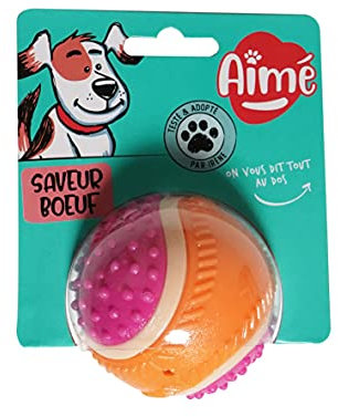 Aimé - Balle pour Chien 5 en 1 Saveur Bœuf - Jouet Interactif/Éducatif pour Développer et Stimuler les 5 Sens - Résistant Toutes Races et Tous Âges - Balle 6 cm
