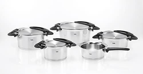 Fissler Intensa Juego de ollas de acero inoxidable, 5 piezas, 3 ollas y 1 cacerola con tapa de metal, 1 cazo sin tapa, inducción