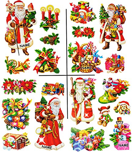 alles-meine.de GmbH 2 versch. Bögen: statisch haftende Fensterbilder - nostalgische Weihnachten mit Glitzer Effekt - incl. Name - Weihnachtsmann/Christbaumkugeln/Nußknack..