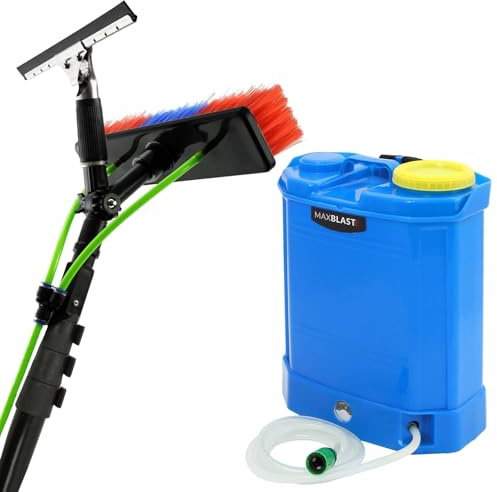 Mochila para Limpieza de Coche Kit Limpieza Ventanas Herramienta Transporte Agua Capacidad 16L Limpiacristales Pértiga Telescópica 9.1m Profesional Comercial Riego Alta Presión con Accesorios Gratis