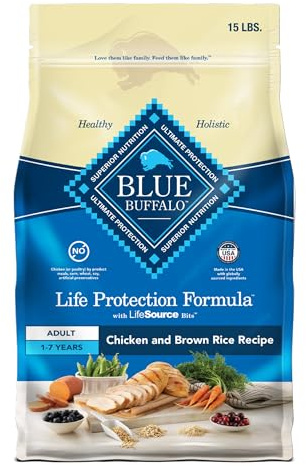 Blue Buffalo Life Protection Formula Adult Dry Dog Food, Helps Build and Maintain Strong Muscles, Made with Natural Ingredients, Chicken & Brown Rice Recipe, 15-lb. Bag