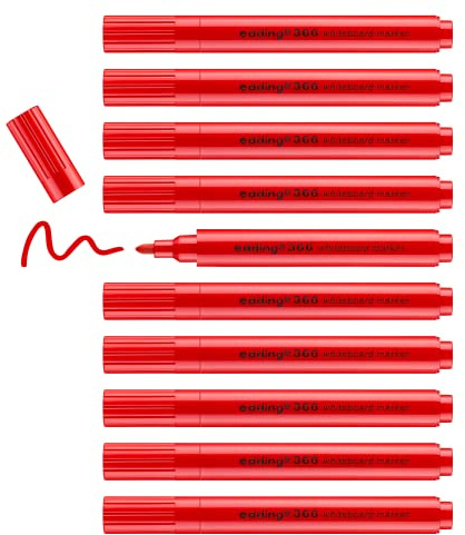edding 366 whiteboard marker - red - 10 slim whiteboard pen - round nib 1 mm - dry-wipeable - for whiteboards, glass, magnetic and memo boards