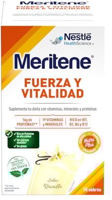 Meritene | Fuerza y Vitalidad | Batidos Sabor Vainilla | Fuerza para tus Músculos, Vitalidad para ti | Solución Nutricional para Adultos con Proteínas, Vitaminas y Minerales | 15 Sobres | 450 gr