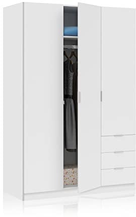 Kleiderschrank mit drei Türen und drei Schubladen mit Einlegeböden und weißer Kleiderstange, Maße 121 x 180 x 52 cm
