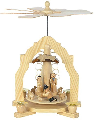 Weihnachts-Pyramide Krippe,Krippenszene und Hirten, H: 28 cm, Natur, handbemalt im Kunsthandwerks-Stil