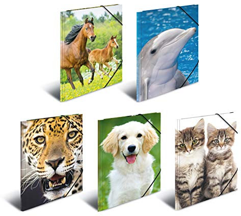HERMA Sammelmappen A3 Tiermotive Set, 10 Stück, Kinder Eckspanner-Mappen aus Kunststoff mit Tier Motiv, Gummizug, Innenklappen und Innendruck für Jungen und Mädchen