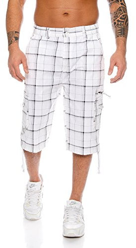 Herren Bermuda kariert MK 330 Cargo Style mit Seitentaschen Gummizug S-XXL (XL, Weiß)