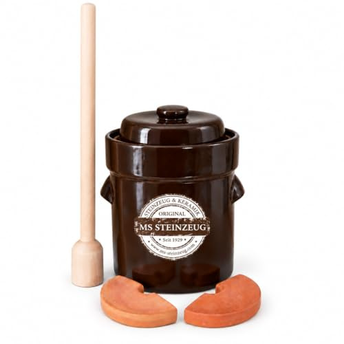 MS-Steinzeug Gärtopf 10 L Set mit Stampfer & Beschwerungssteinen | Komplett-Set zum Fermentieren und Sauerkraut selber machen – mit Gärtopf, Beschwerungssteinen und praktischem Krautstampfer