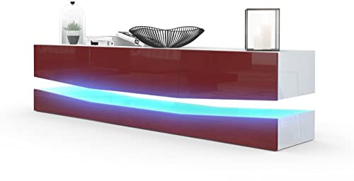 Vladon Lowboard City, Made in Germany, TV-Kommode mit Sockelelement, 1 offenem Fach und 3 Schubkästen, Weiß Hochglanz/Bordeaux Hochglanz, inkl. LED-Beleuchtung (178 x variabel x 39 cm)