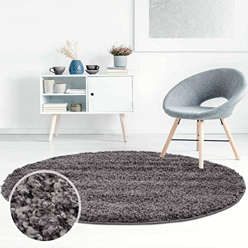 ayshaggy Shaggy Teppich Hochflor Langflor Einfarbig Uni Dunkelgrau Weich Flauschig Wohnzimmer, Größe: 80 x 80 cm Rund