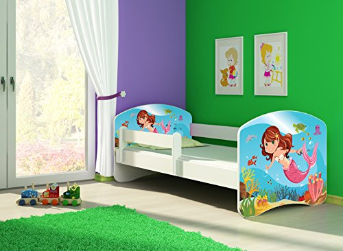 CLAMARO 'Fantasia Weiß' 140 x 70 Kinderbett Set inkl. Matratze und Lattenrost, mit verstellbarem Rausfallschutz und Kantenschutzleisten, Design: 09 Meerjungrau