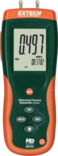 Extech HD755 Differential Pressure Manometer, 0.5 psi, 11 Units, USB | +/-0.5 psi low range, 11 pressure units, MIN/MAX/AVG, data hold, zero, USB interface, backlit, hard case