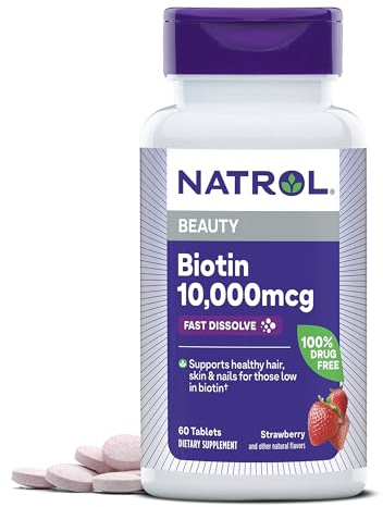 Natrol Biotin 10000mcg, 4X Faster Dissolve Supplement for Healthy Hair, Skin and Nails for Those Low in Biotin, Plus Energy Metabolism Support, 60 Tablets, Up to a 60 Day Supply