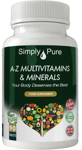 Simply Pure A-Z Multivitamins | 90 Tablets Providing Your Complete RDA of 30+ Important Vitamins & Minerals + Turmeric & Grape Seed Extract | Gluten Free | GM Free | Vegan