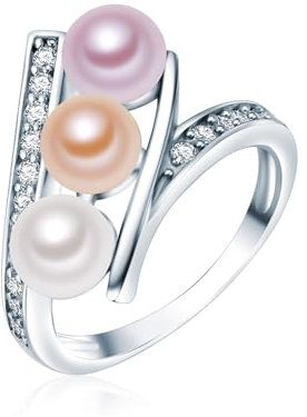 Valero Pearls Damen-Ring Hochwertige Süßwasser-Zuchtperlen 6-7 mm Button weiß/apricot/flieder 925 Sterling Silber - Perlenring Cocktailring