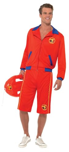 Smiffys Men's Baywatch Beach Lifeguard Costume in Red, Adult, Includes Jacket and Long Shorts with Iconic Badge Details, Officially Licensed, Ideal for Beach Parties and 90s Themed Events