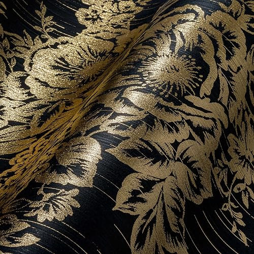 Architects Paper Textile Wallpaper Metallic Silk Wallpaper with Flowers Floral 10.05 m x 0.53 m Metallic Black Made in Germany 306577 30657-7