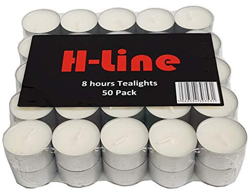 H-line Unscented Tea Lights Candles - 50 Pack Long Lasting 8 Hour Burn Time Smoke Free Bright Flame - Ideal for Weddings,Events,Aromatherapy,Home,Emergency Use Premium Quality Energy Class A+