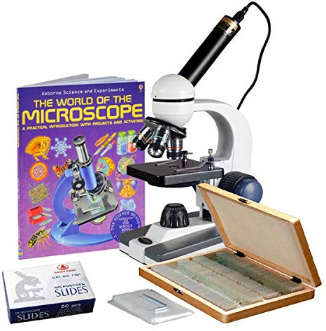 M150C-PS100-WM-50P100S-E 40x-1000x Metallrahmen Lernset Monokular schnurloses Mikroskop Schüler Studenten koaxialen Grob- und Feintrieb LED Beleuchtung Objekträger Dauerpräparate, Buch und Kamera