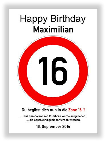Verkehrsschild - Bild - 16. Geburtstag - Wunschname - personalisiertes Geschenk - Kunstdruck - Geschenkidee