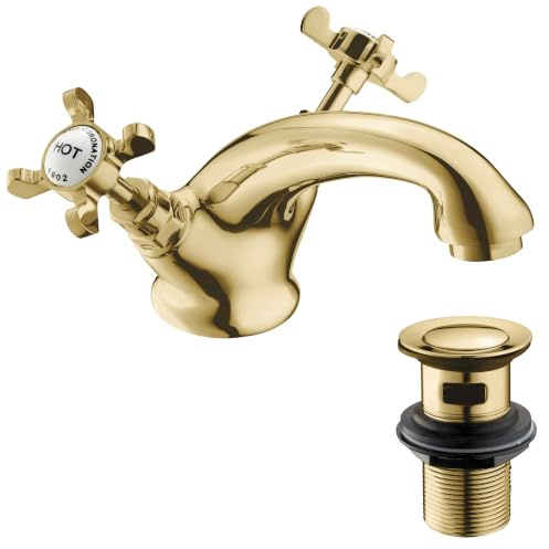 Deva Basin Mixer Tap with Press Top Waste — Gold Finish | Solid Brass Body, Cross Head Handles, Press Top Waste Included, Flexi Tails, Easy Fit
