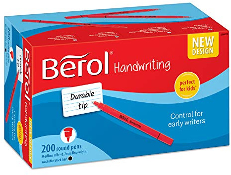 Berol Handwriting Pens | Round Shape | Washable Black Ink | Bright Barrels | Class Pack of 200