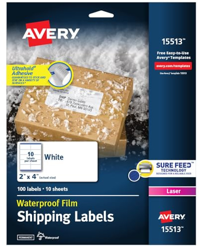 Avery Waterproof Printable Shipping Labels with Sure Feed, 2 x 4, White, 100 Blank Mailing Labels (15513)