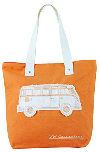 BRISA VW Collection - Volkswagen Wiederverwendbare Canvas-Einkaufs-Tüte-Strand-Tasche mit T1 Bulli Bus Motive (Silhouette/Orange)