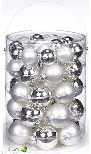 44 TLG. Christbaumkugeln Glas 4,5,6cm Set (Silber Glanz/weiß matt) // Weihnachtskugeln Christbaumschmuck Baumkugeln Baumschmuck Weihnachtsdeko Kugeln Glaskugeln Dose