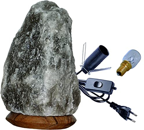 NaturGut Kristallsalz-Lampe Grau 2–3 kg mit Elektrik & Leuchtmittel | Handgefertigte Salzkristalllampe aus Pakistan | Salzlampe Naturell mit Holzfuß | Warmes Licht für Wohnzimmer & Schlafzimmer